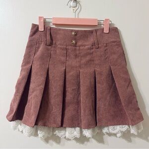 Dusty Pink Corduroy Pleated Skirt with Lace  Detailing